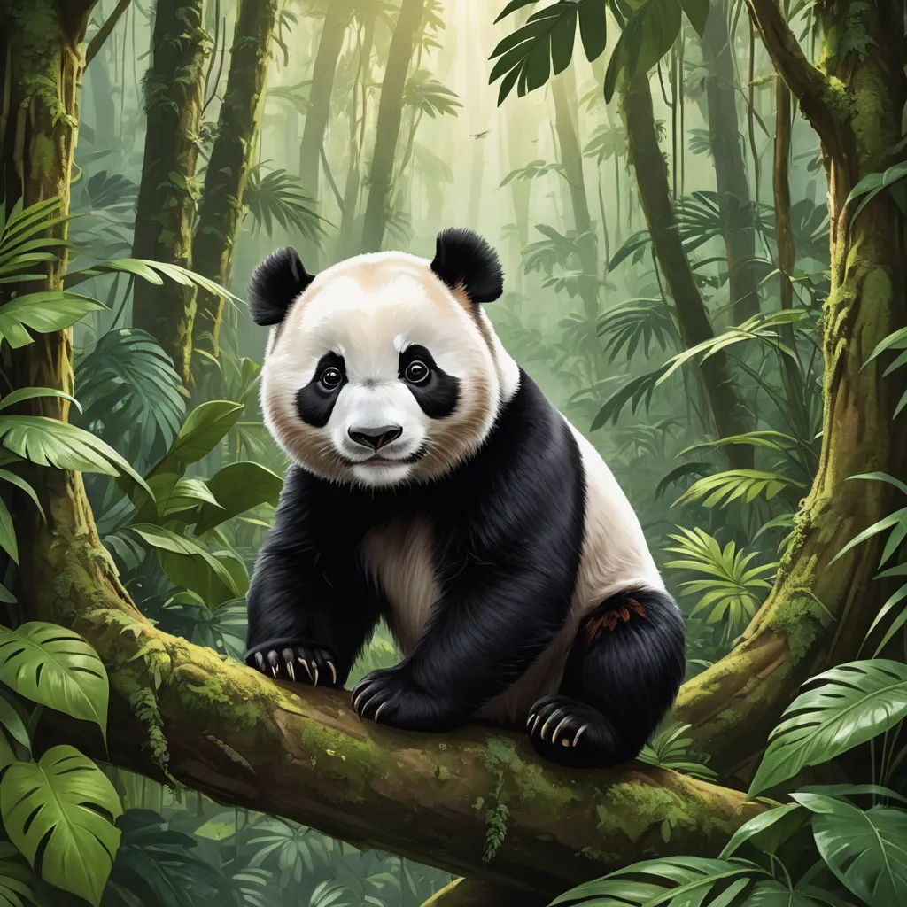 a panda bear sitting on a tree branch in a jungle with green leaves and trees around it, with sunlight streaming through the trees, fantasy art, a digital painting, Chris LaBrooy, highly detailed digital painting
