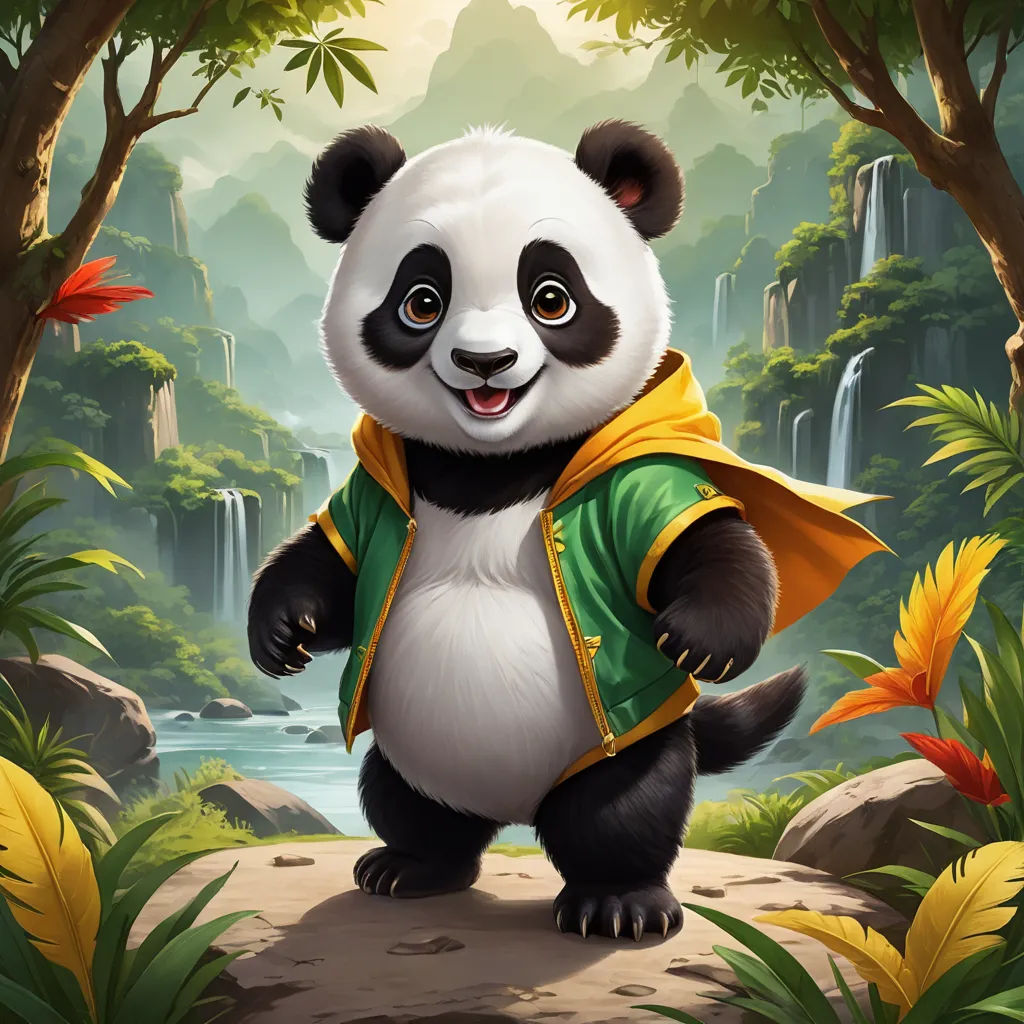 a panda bear dressed in a green and yellow outfit standing on a rock in a forest with waterfall and trees, sots art, a character portrait, Fan Qi, splash art
