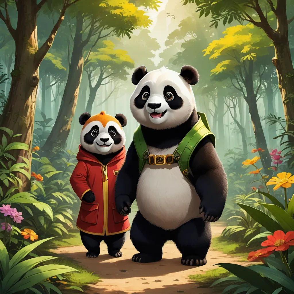 a panda and a girl are standing in the woods together, with a panda bear in the background, and a panda bear in the foreground, sots art, concept art, Chen Hong, official art