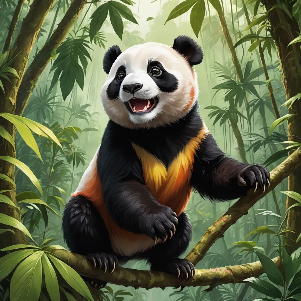a panda bear sitting on a tree branch in a jungle with bamboo trees and leaves around it, smiling, sots art, a digital painting, Chris LaBrooy, magic the gathering artwork