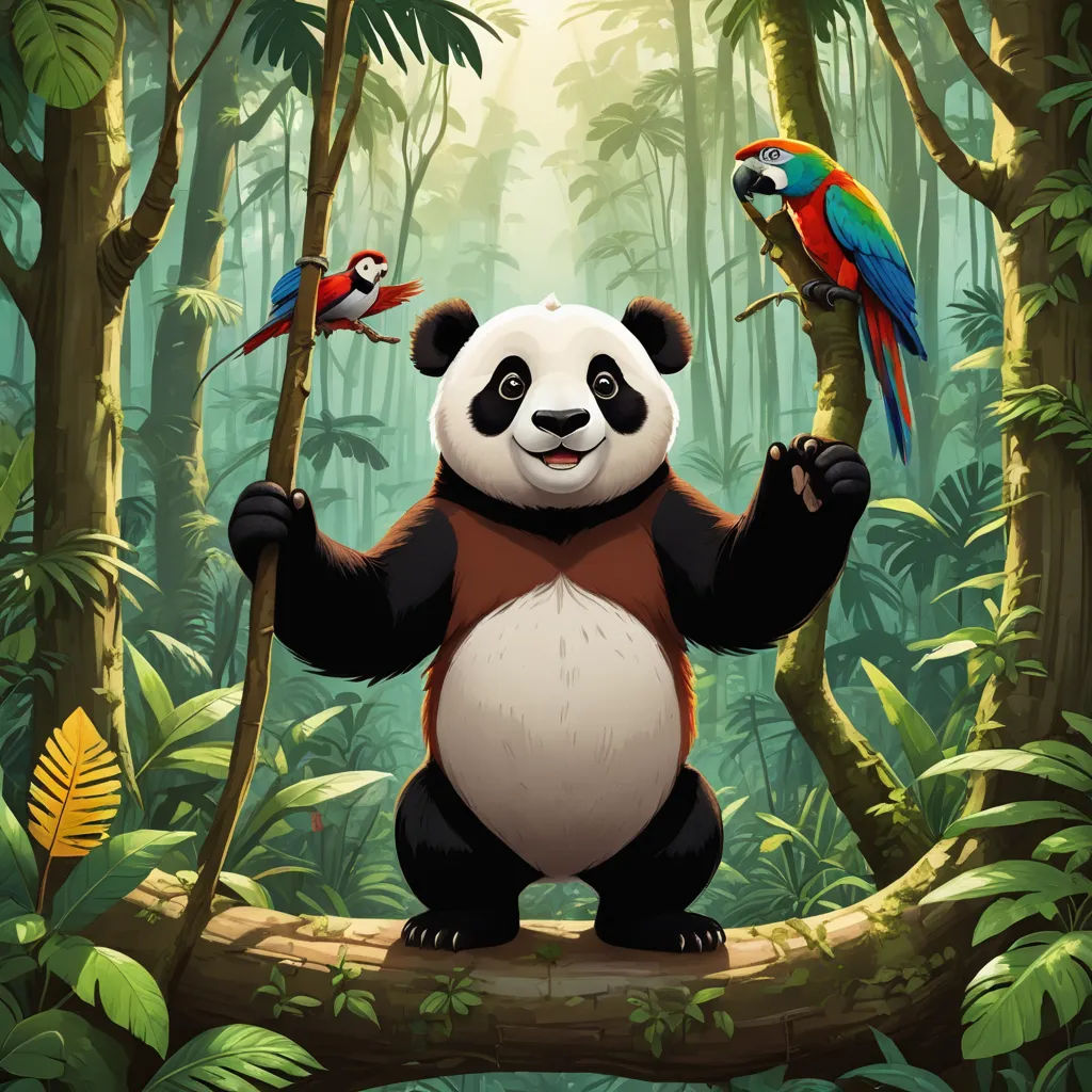 a panda bear standing on a tree branch in a forest with birds on it's back and a parrot on its shoulder, furry art, a storybook illustration, Chris LaBrooy, league of legends splash art