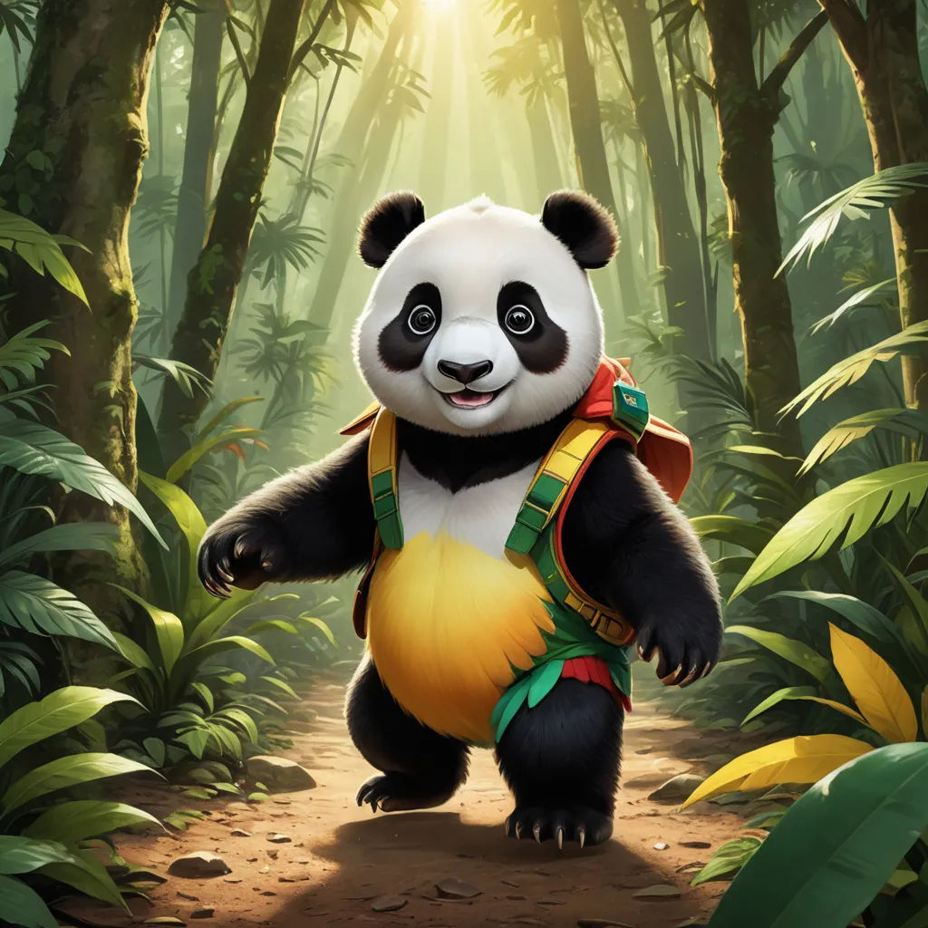 a panda bear is walking through a jungle with a backpack on his back and a backpack on his back, sots art, concept art, Fan Qi, splash art