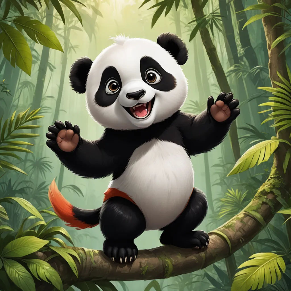 a panda bear sitting on a tree branch in a jungle with bamboo trees and leaves around it, with a smiling face, sots art, a character portrait, Fan Qi, splash art