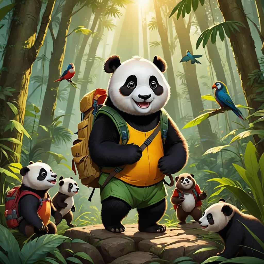a panda bear with a backpack and some birds in the background and a forest with pandas and birds, furry art, concept art, Fan Qi, key art