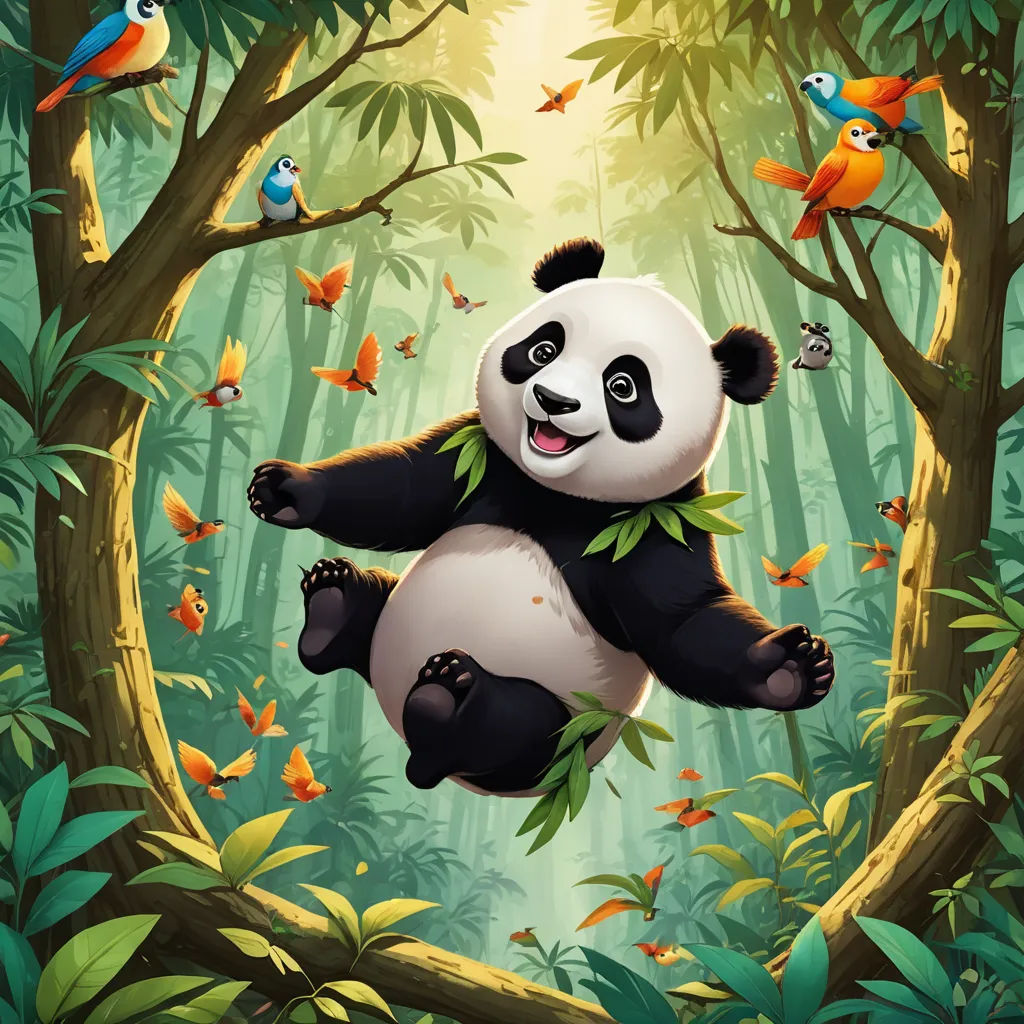 a panda bear is in the middle of a forest with many birds and butterflies around him and a tree with a panda bear on it, fantasy art, a storybook illustration, Chris LaBrooy, splash art