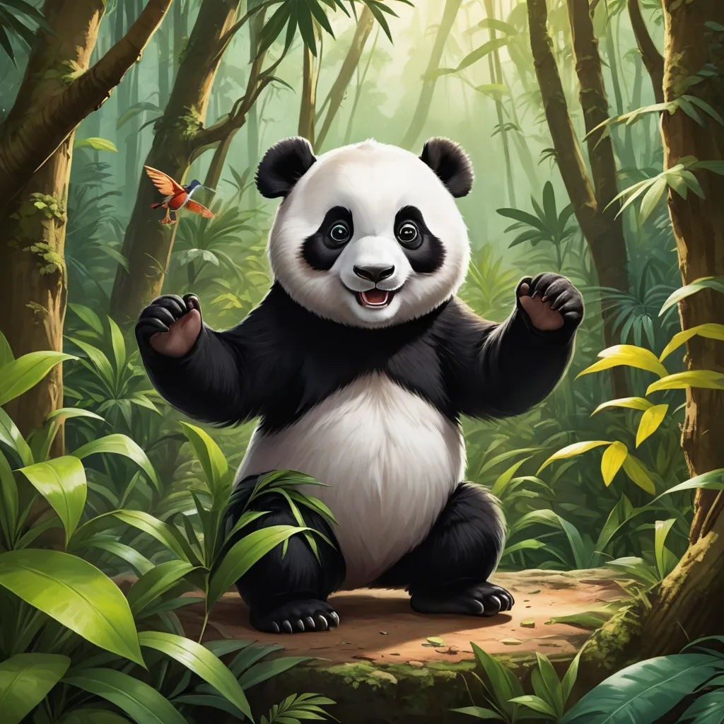 a panda bear standing on a log in a forest with a butterfly in its mouth and a butterfly in its mouth, furry art, a digital painting, Chris LaBrooy, magic the gathering artwork