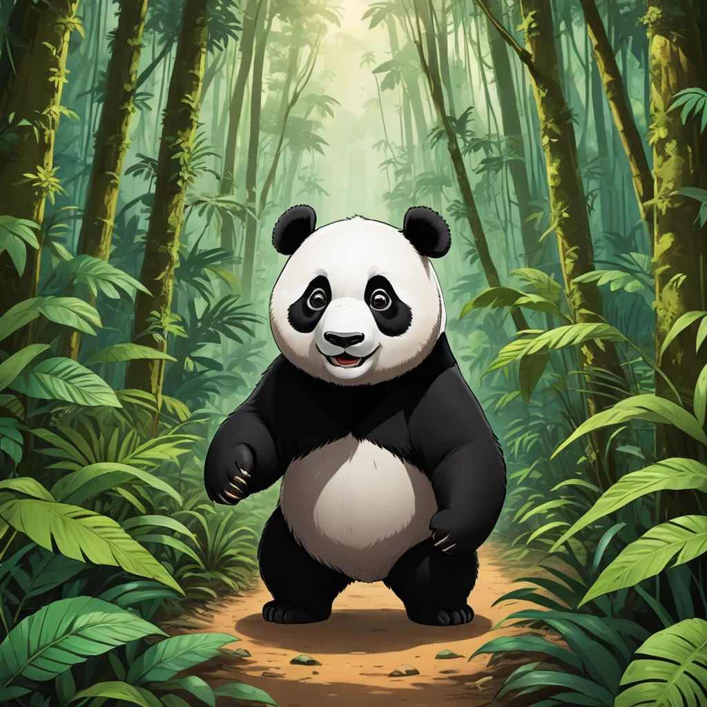 a panda bear standing in the middle of a forest with a light shining on it's face and a path leading to it, furry art, a character portrait, Adrian Zingg, official art
