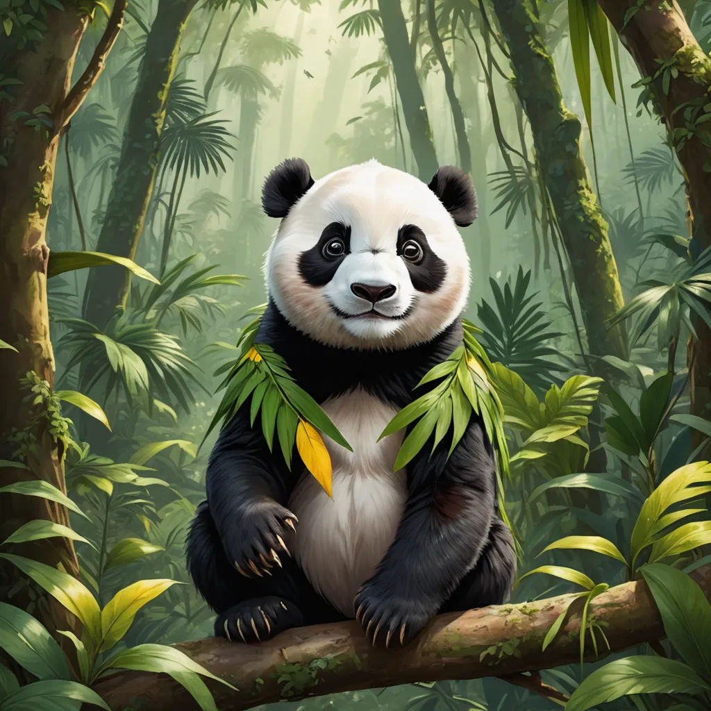 a panda bear sitting on a tree branch in a forest with a banana in its mouth and a banana leaf around its neck, fantasy art, a digital painting, Chris LaBrooy, league of legends splash art