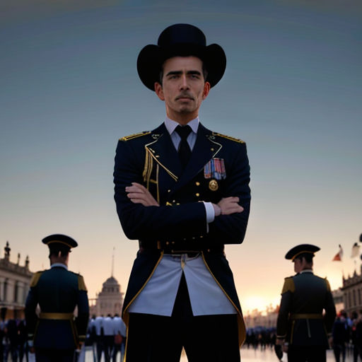 a man in a uniform standing in front of a group of men in uniform in a square at sunset