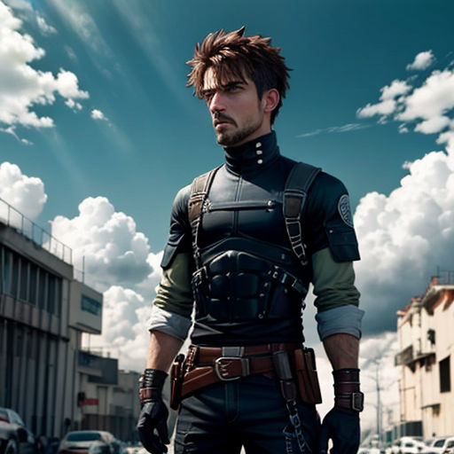 a man in a black suit and a gun in his hand standing on a street with cars in the background