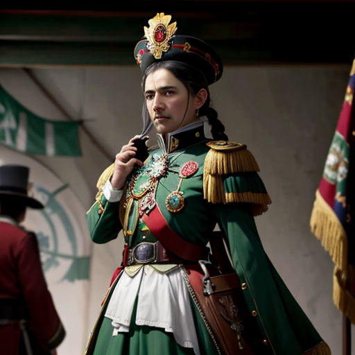 a man in a green uniform standing next to a flag and a flag pole with a man in a red suit