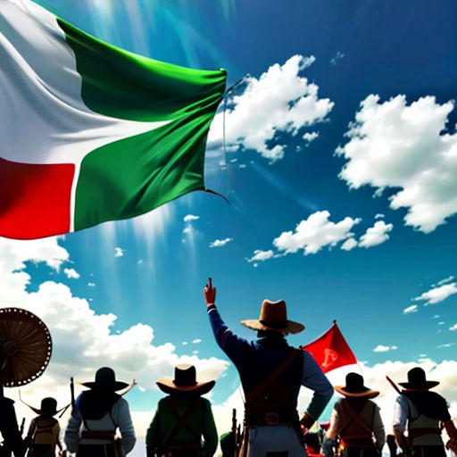 a group of people standing next to each other under a mexican flag flying a flag on a pole in the sky
