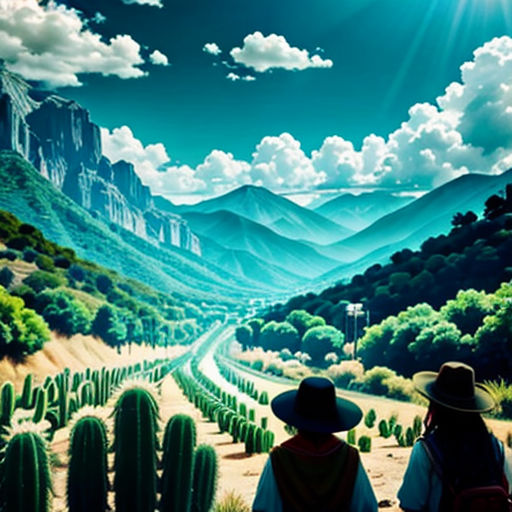 two people are sitting on a bench looking at a mountain landscape with cactus trees and mountains in the background