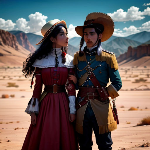 a man and a woman dressed in period costumes in the desert, with mountains in the background, and a blue sky with clouds