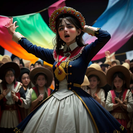 a woman in a dress and hat standing in front of a crowd of people with a rainbow flag behind her