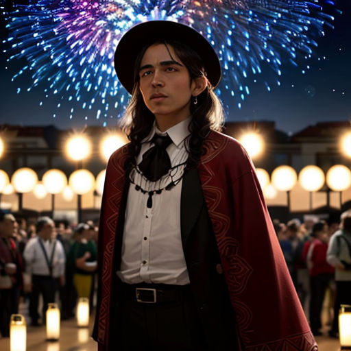 a man in a hat and cape standing in front of a fireworks display with a red cape on his head