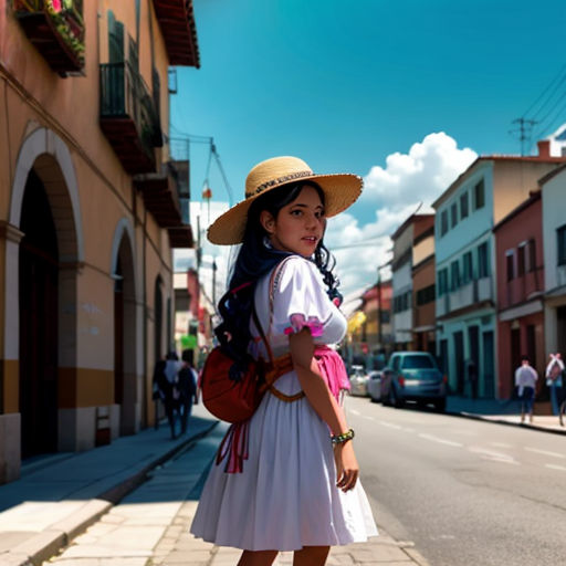 a woman in a white dress and a hat is standing on a sidewalk in a town with buildings and people