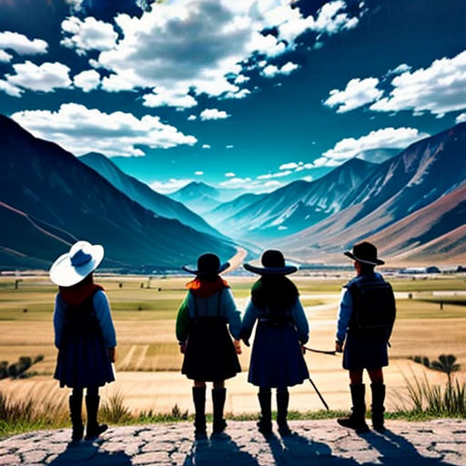 a group of people standing on top of a stone walkway in the mountains under a cloudy sky with a kite flying above