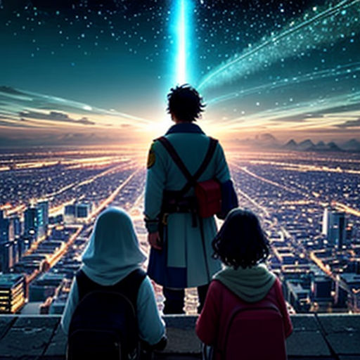 a movie poster with two people looking at the sky and a star filled sky with a bright beam in the middle