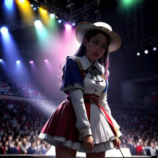a woman in a costume standing on a stage with a microphone in her hand and a crowd in the background