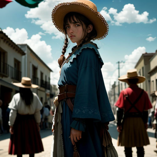 a woman in a blue dress and hat standing on a street corner with other people in the background wearing hats