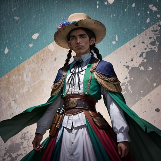 a man dressed in a mexican costume and hat with a long braid and braids in his hair, standing in front of a wall