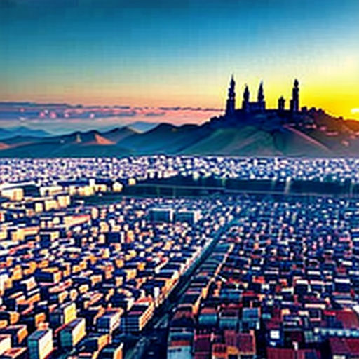 a large amount of shipping containers are stacked together in a large container yard at sunset, with a city in the background