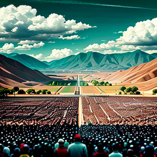 a large group of people standing in a field with mountains in the background and a sky filled with clouds