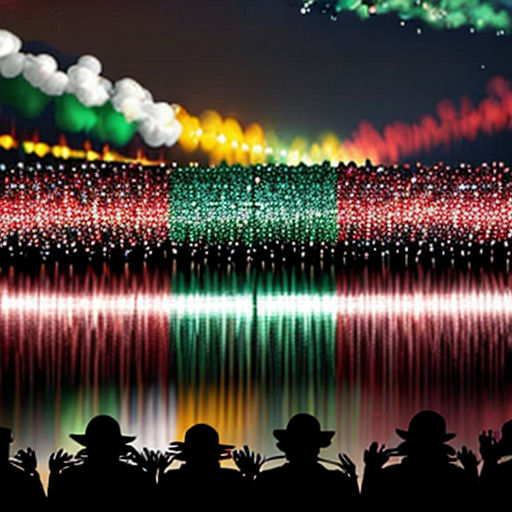 a group of people standing next to each other near a lake with fireworks in the sky above them and a flag on the water