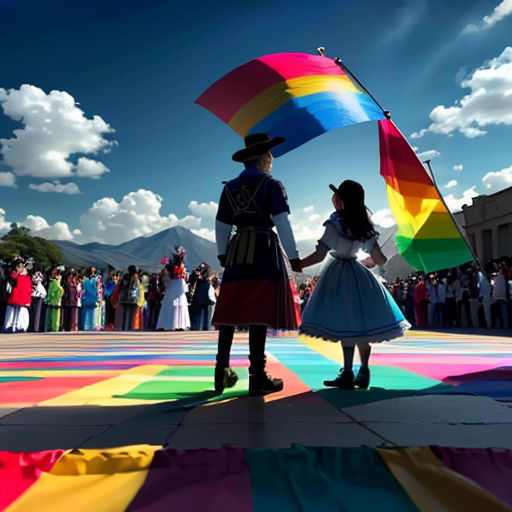 a couple of people that are standing in the street with a kite in hand and people in the background