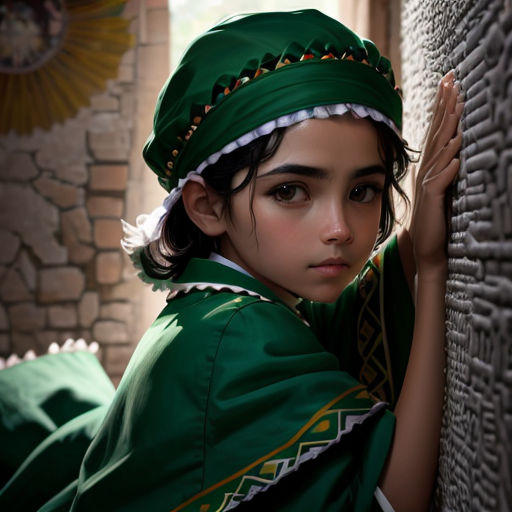 a young girl in a green dress leaning against a wall with her hands on the wall and looking at the camera