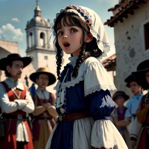 a group of people in historical costumes standing in front of a building with a bell tower in the background