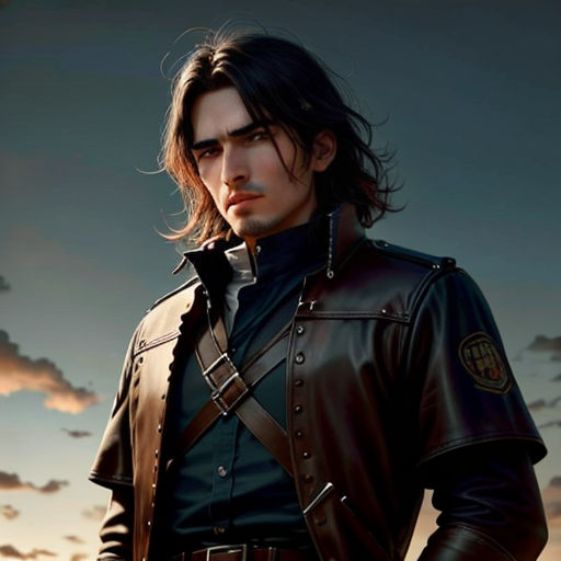 a man in a leather jacket standing in front of a sunset sky with clouds in the background and a gun in his hand