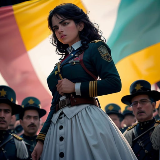 a woman in a uniform standing in front of a group of men in uniform and a flag in the background