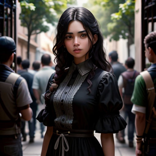 a woman in a black dress standing on a sidewalk with a crowd of people behind her and a man in a green shirt