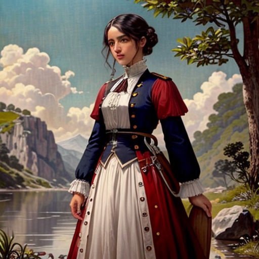 a painting of a woman in a dress standing in front of a painting of a mountain lake and trees