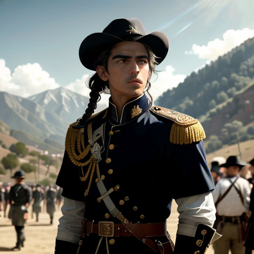 a man in a uniform standing in front of a crowd of people in a field with mountains in the background
