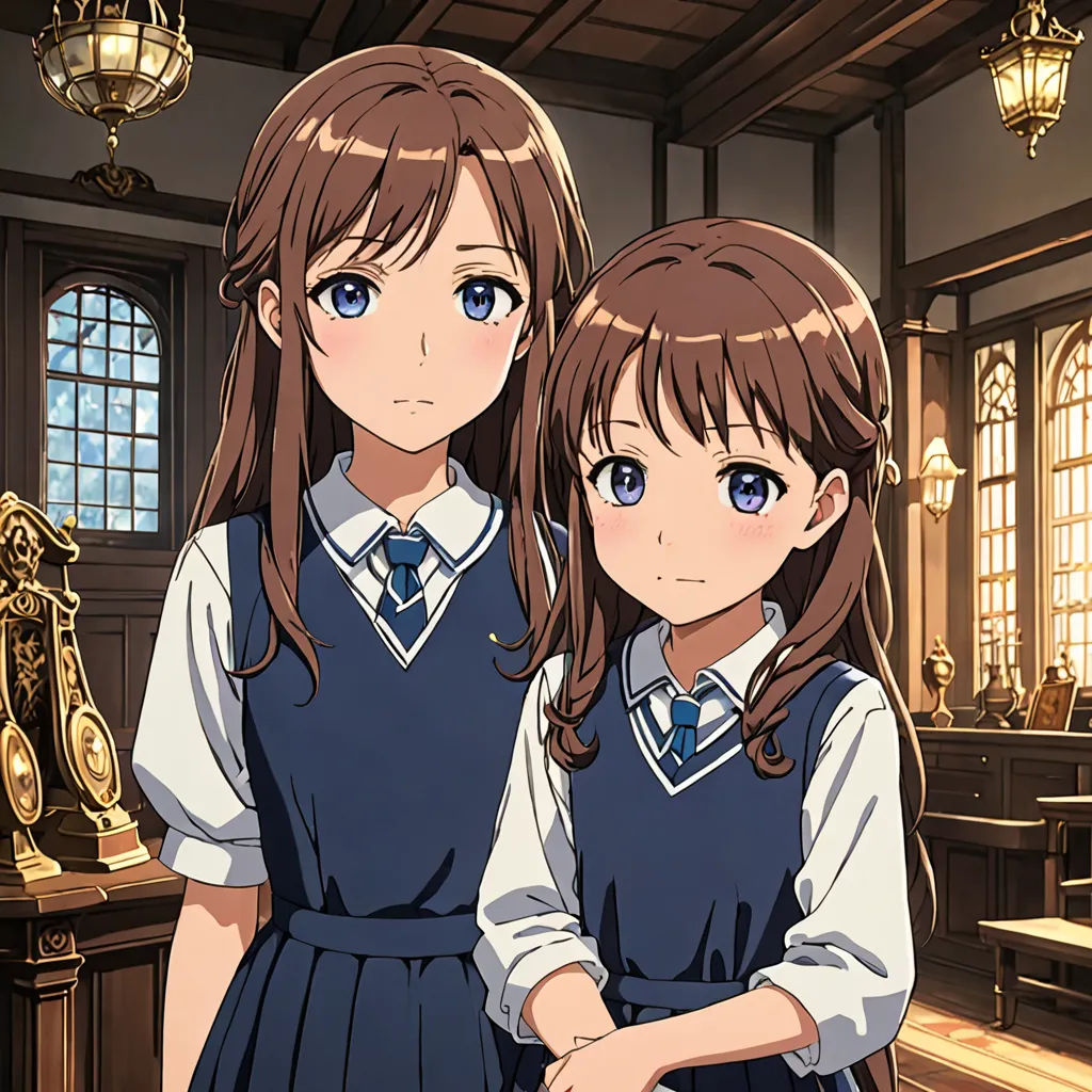 two girls in school uniforms standing in a room with a clock in the background and a lamp in the foreground, rayonism, concept art, Aguri Uchida, official art