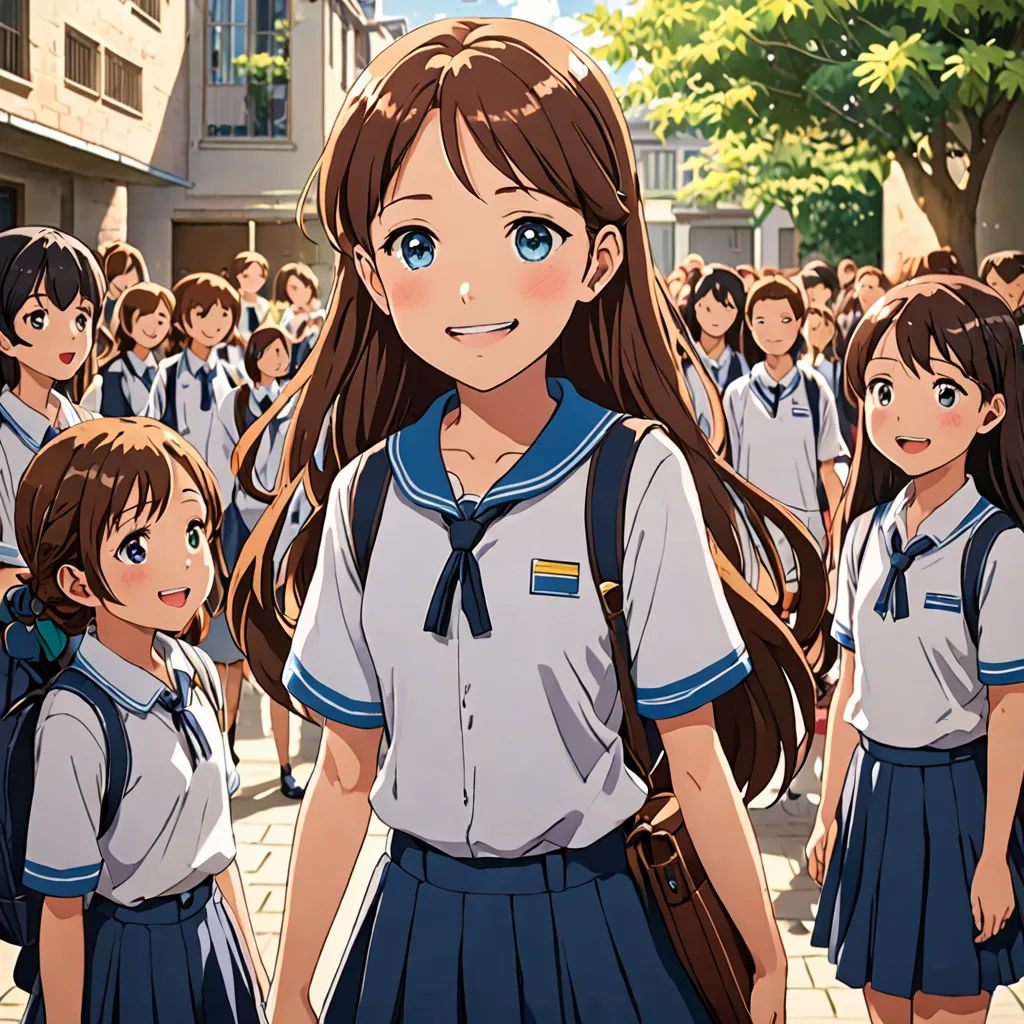 a group of girls in school uniforms walking down a street with a group of people behind them in the background, rayonism, poster art, Ai-Mitsu, official art