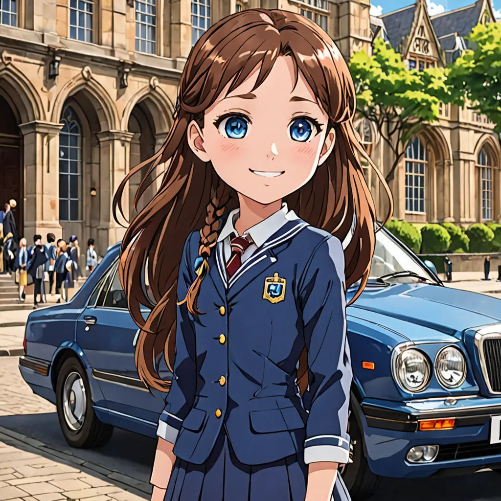 a girl in a uniform standing in front of a car in front of a building with a clock tower, rayonism, a character portrait, Ai-Mitsu, official art