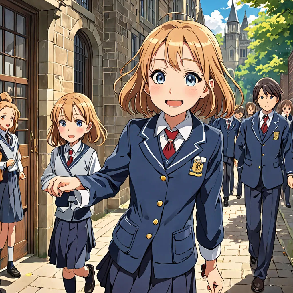 a group of girls in school uniforms walking down a street together, with a man in the background holding a cane, sots art, poster art, Aguri Uchida, official art