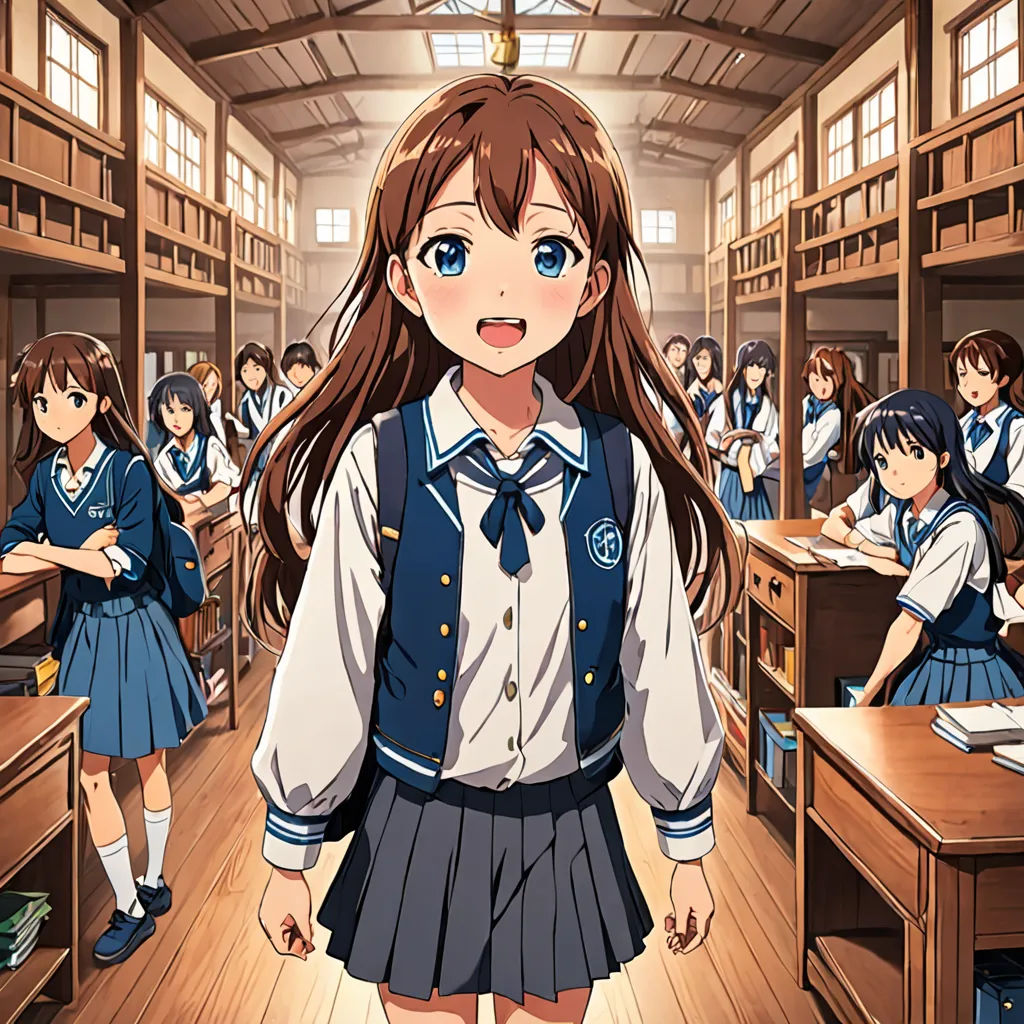 a girl in a school uniform standing in a classroom full of students in uniform and looking at the camera, rayonism, a manga drawing, Ai-Mitsu, official art