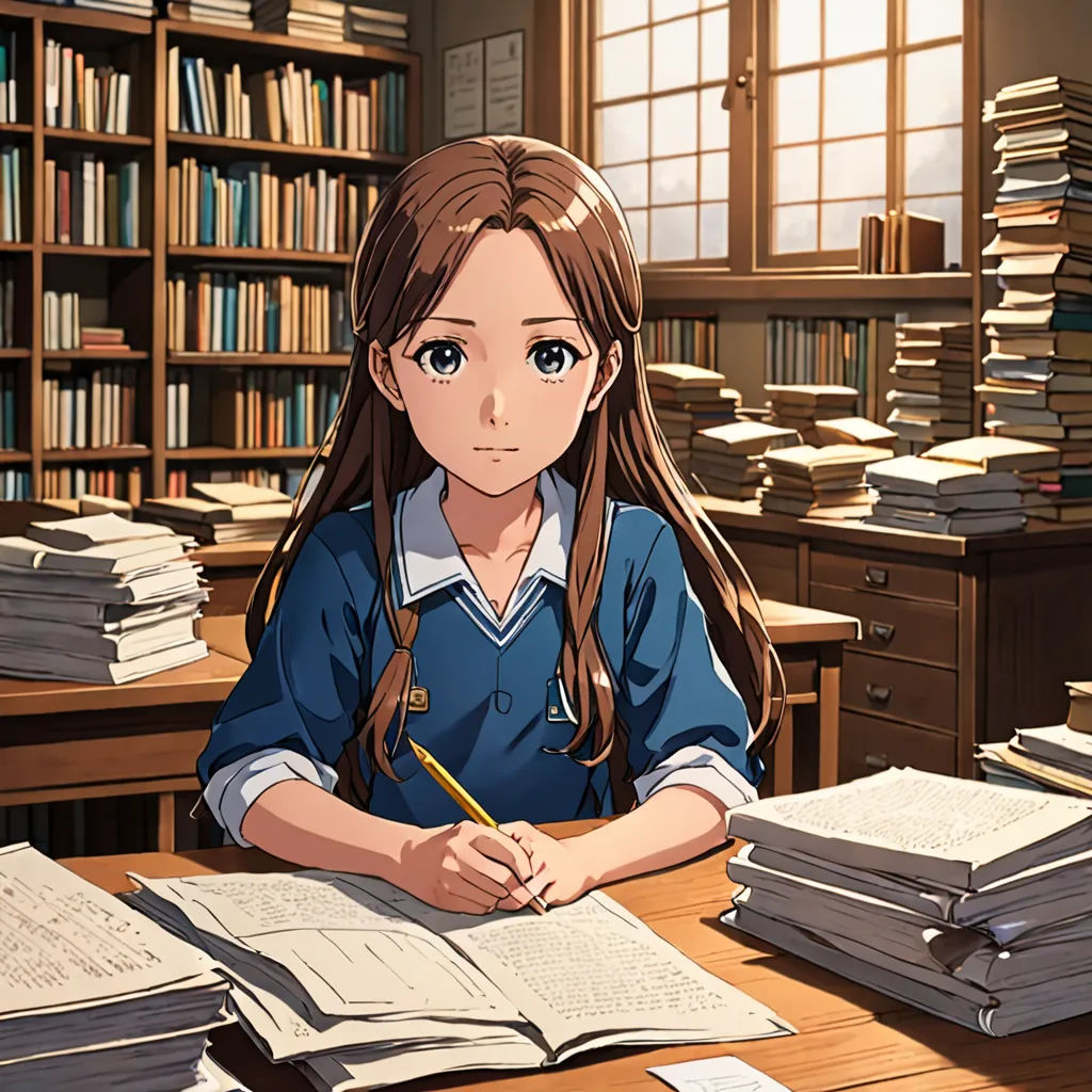 a girl sitting at a desk with a lot of books on it and a pencil in her hand and a lot of books on the desk, remodernism, concept art, Chizuko Yoshida, official art
