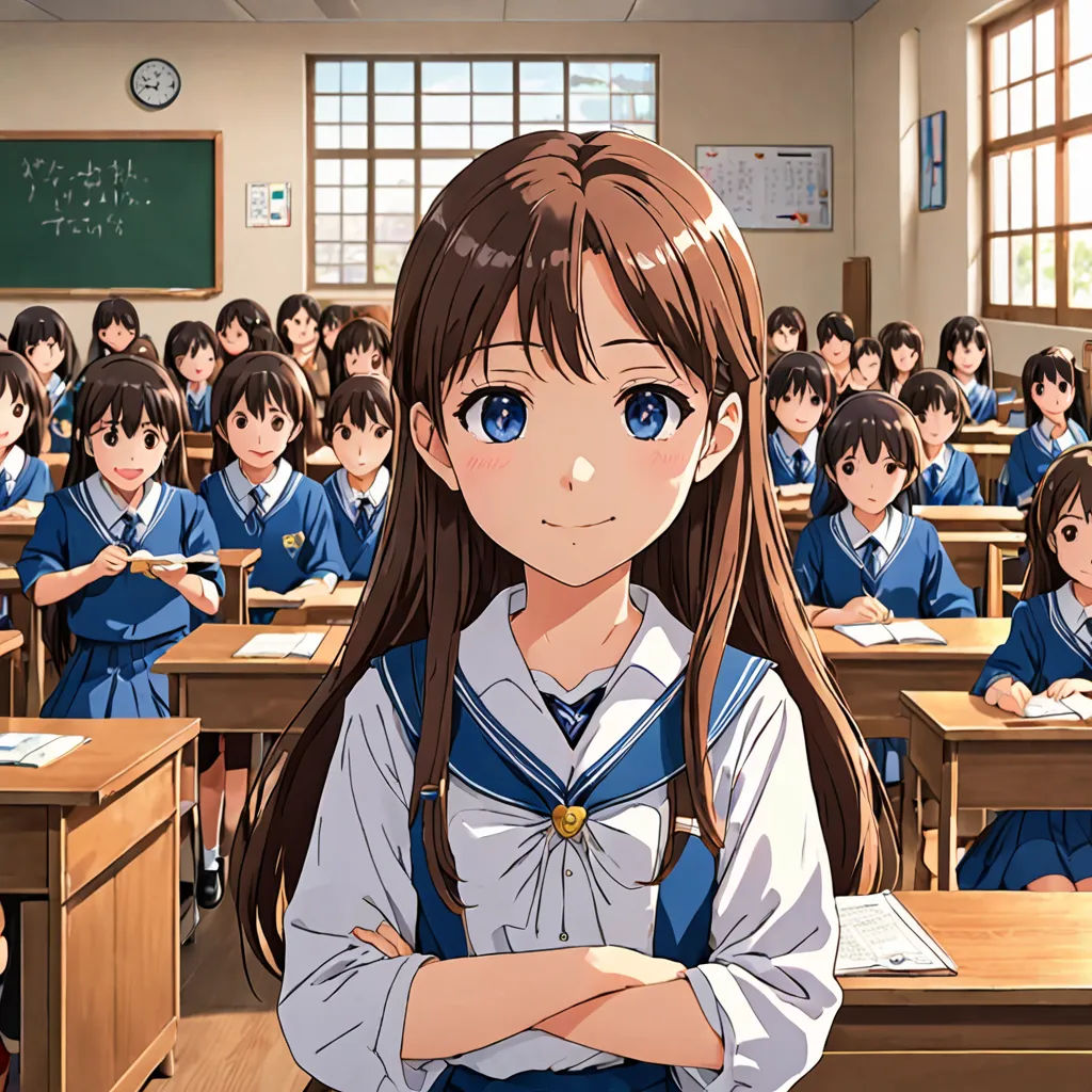 a girl in a classroom with her arms crossed and her head turned to the side of the room, with other students in the background, rayonism, a manga drawing, Ai-Mitsu, official art