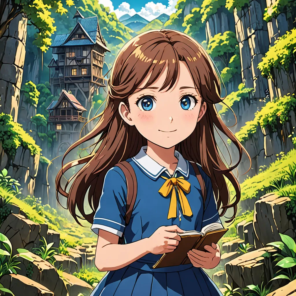 a girl in a blue dress is holding a book in front of a mountain and a castle with a sky background, sots art, a character portrait, Anne Said, official art