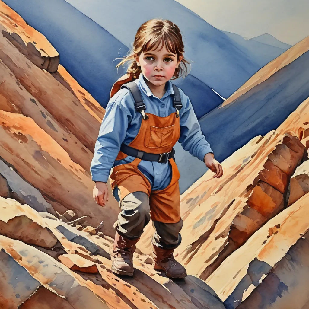 a painting of a little girl climbing a mountain with a backpack on her back and a backpack on her shoulder, figurative art, a watercolor painting, Ada Hill Walker, in gouache detailed paintings