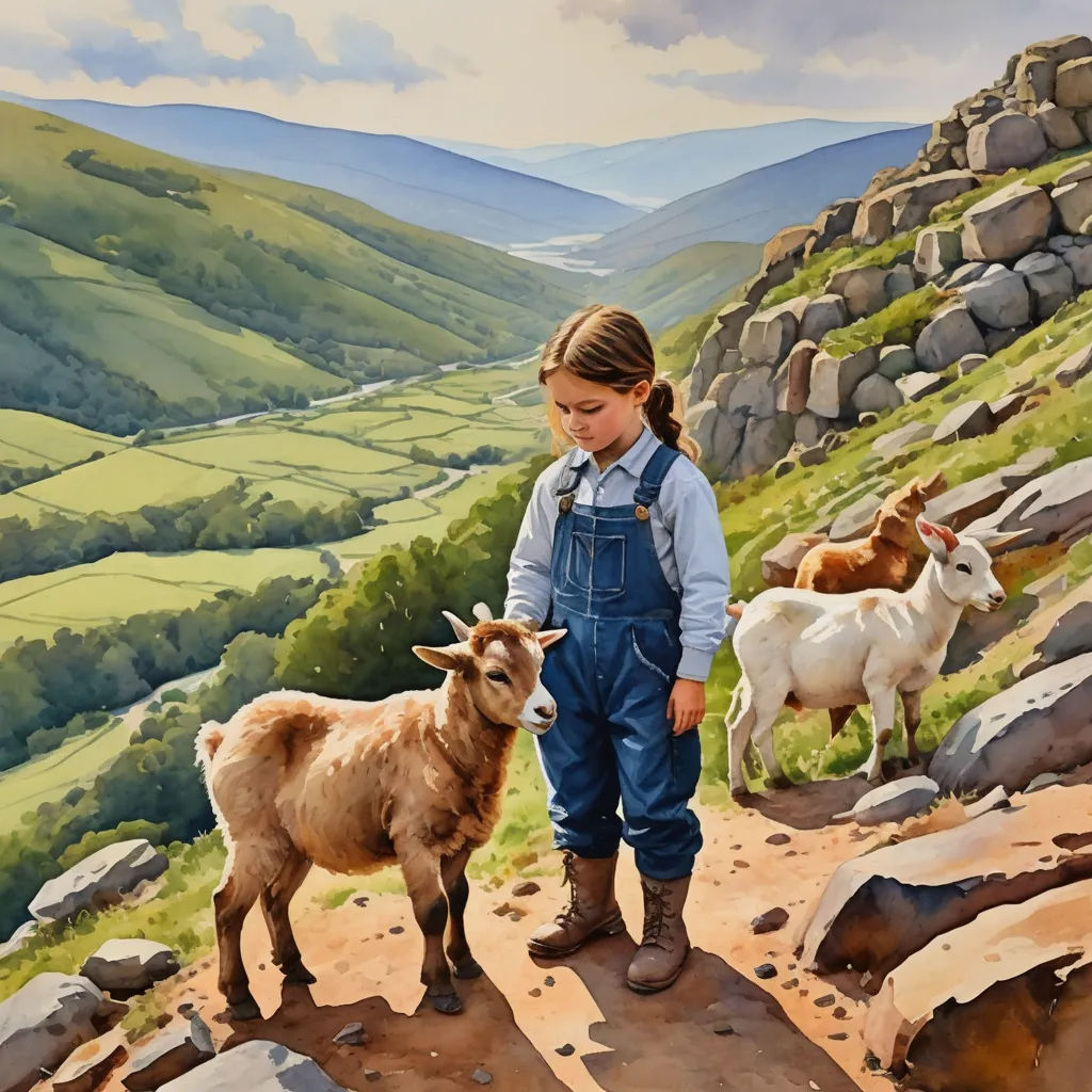 a painting of a girl with two goats on a mountain side with a valley in the background and a valley in the foreground, figurative art, an oil painting, Bob Byerley, highly detailed oil painting