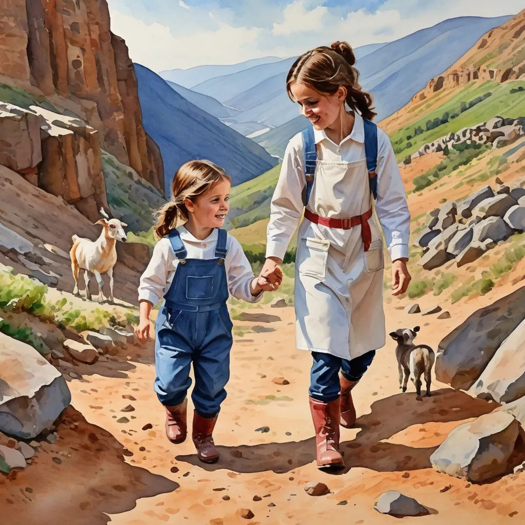 a painting of a girl and a girl walking down a dirt path with goats in the background and a mountain landscape, socialist realism, an oil on canvas painting, Brothers Hildebrandt, oil painting