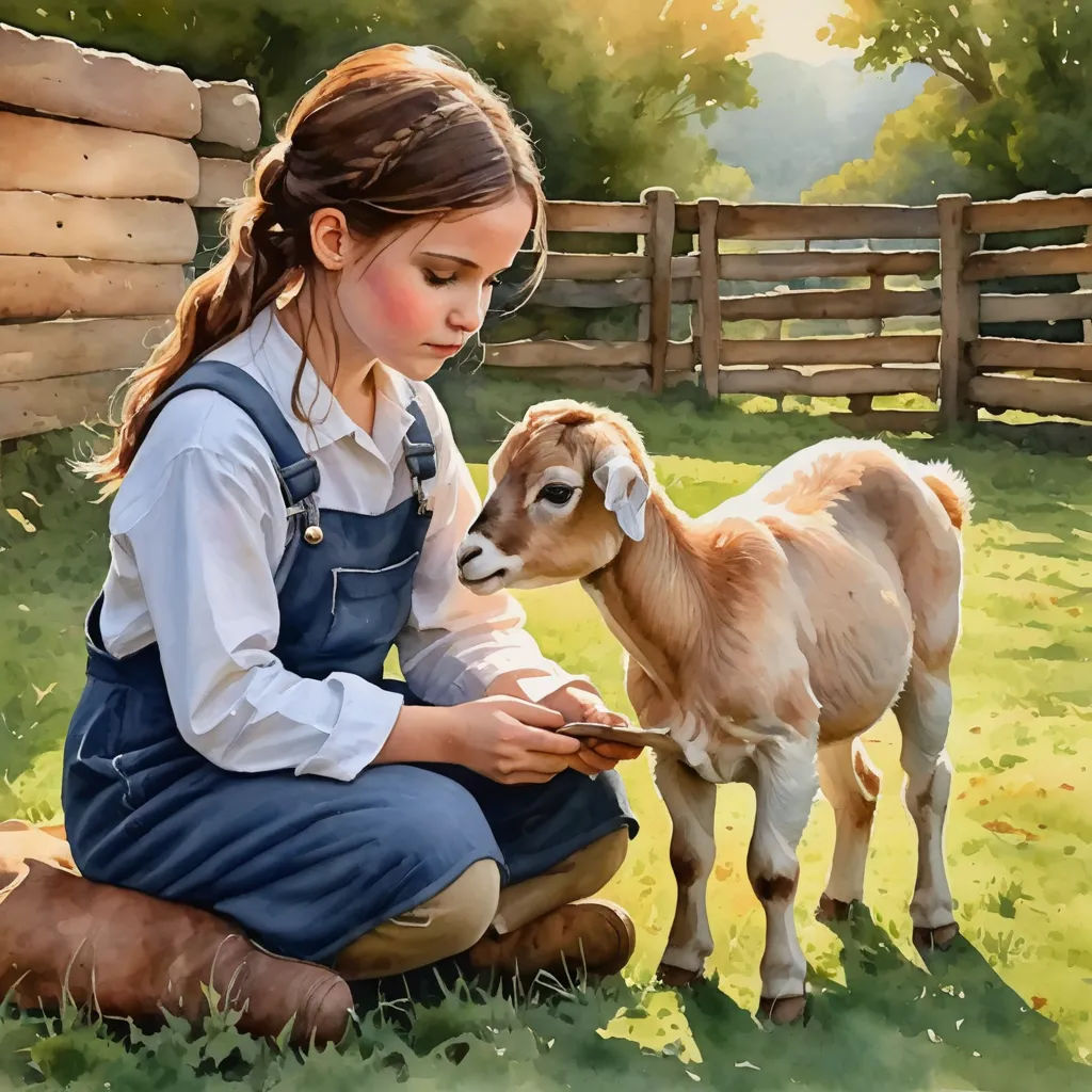 a painting of a girl feeding a goat in a field of grass with a fence in the background and a wooden fence in the background, figurative art, a fine art painting, Bob Byerley, highly detailed digital painting