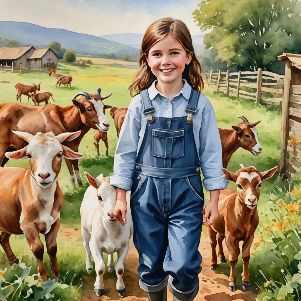 a painting of a girl walking with her goats in a field of grass and flowers, with a barn in the background, american scene painting, a storybook illustration, Bob Byerley, storybook illustration